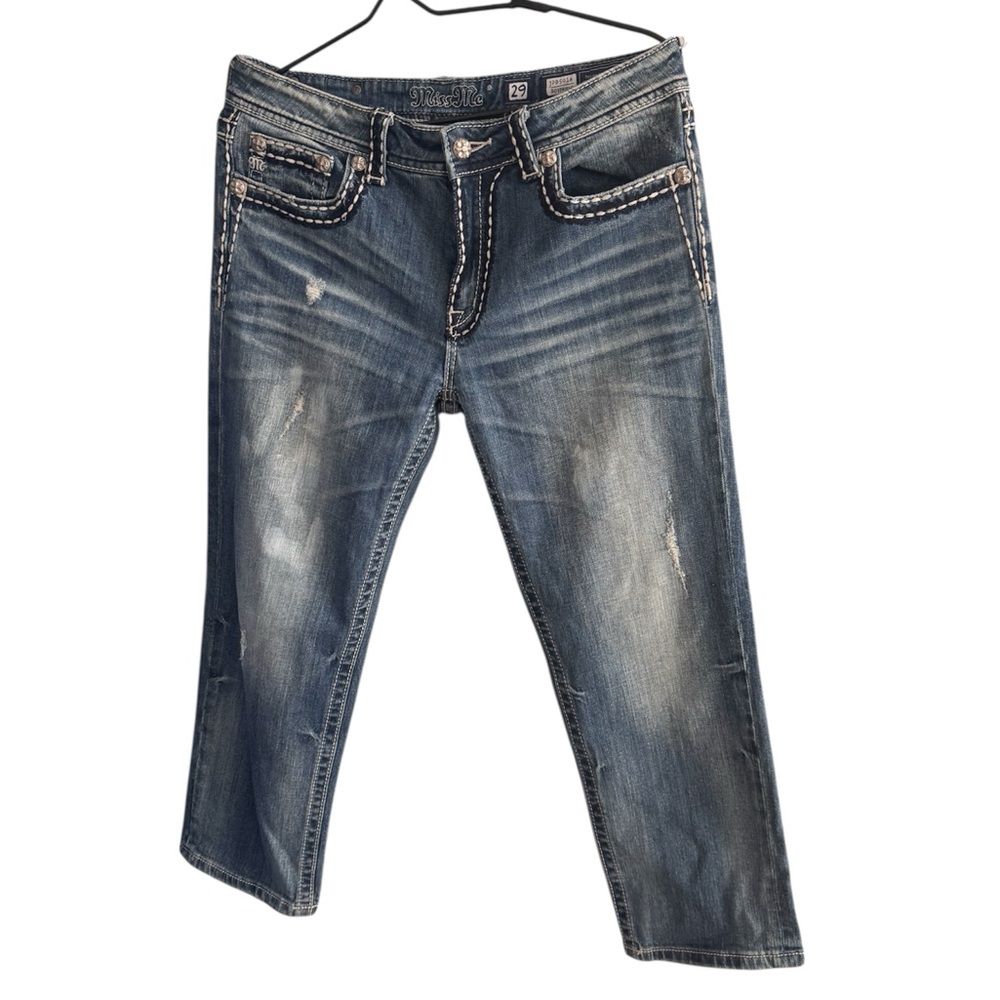 Miss Me Blue Cropped Jeans with White Stitching